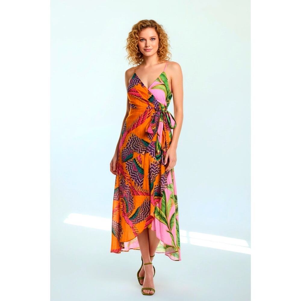FARM Rio Mixed Prints Midi Wrap Dress Sleeveless Multicolor Size L NWOT
